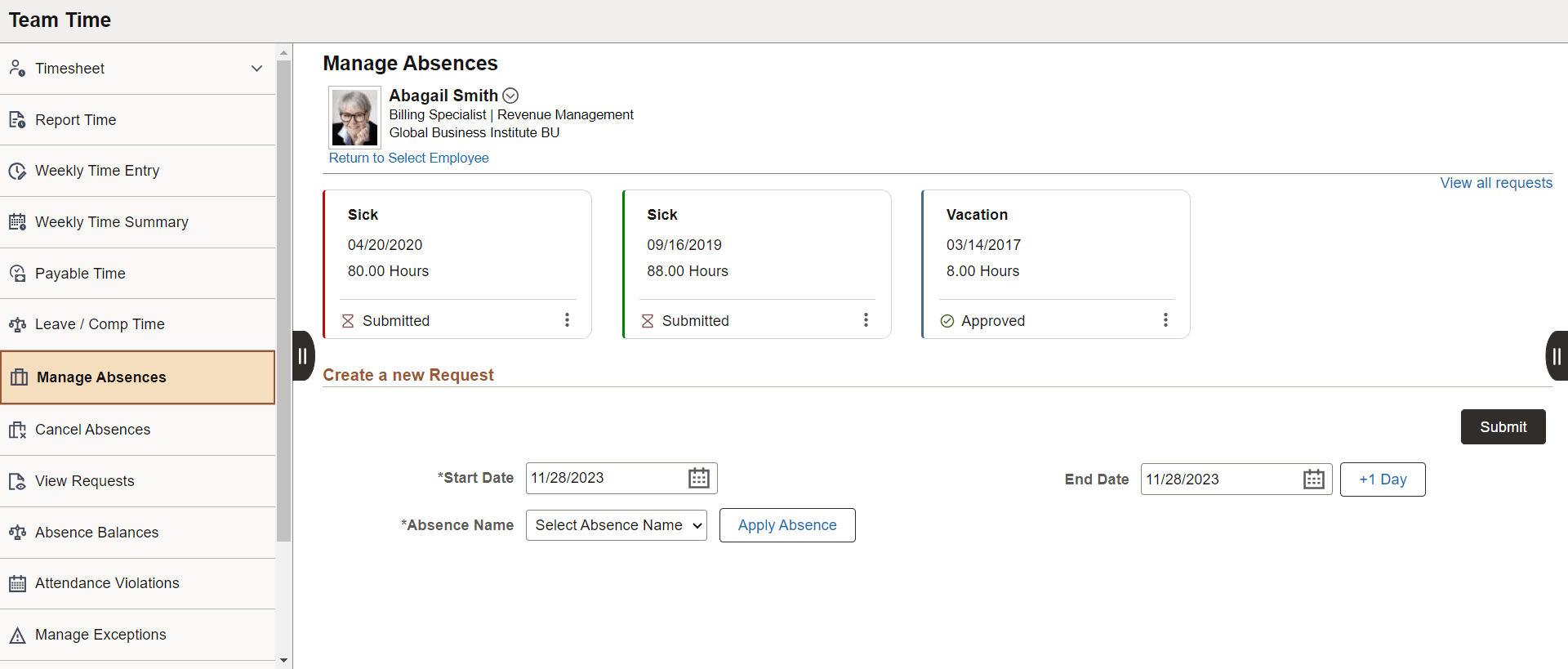Manage Absence Page Manage Absence Page