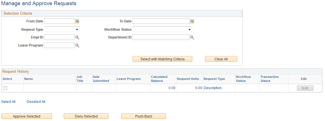 Manage and Approve Requests page Manage and Approve Requests page