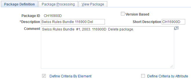 Package Definition page Package Definition page