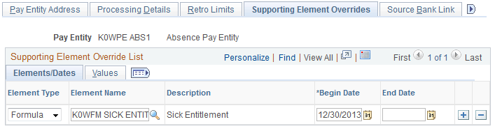 Pay Entities - Supporting Element Overrides page Pay Entities - Supporting Element Overrides page
