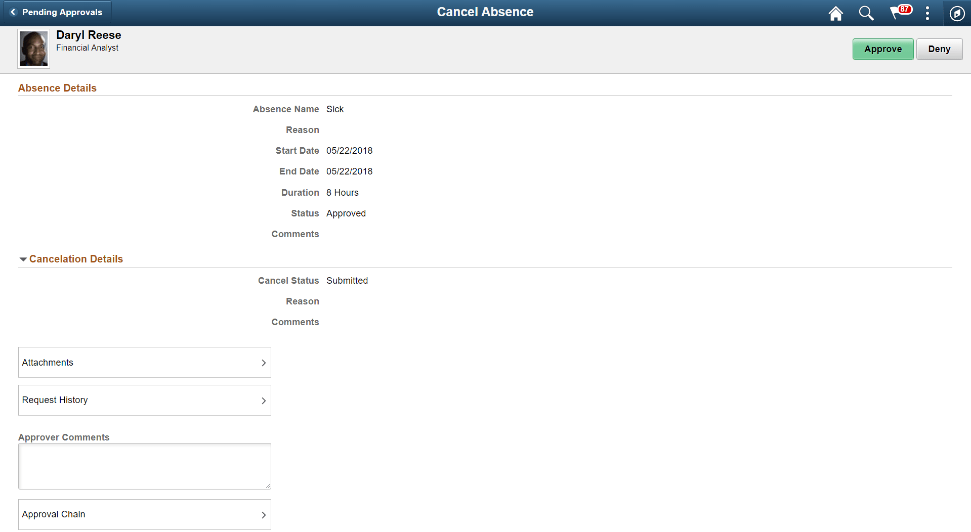 Pending Approvals - Cancel Absence page Pending Approvals - Cancel Absence page