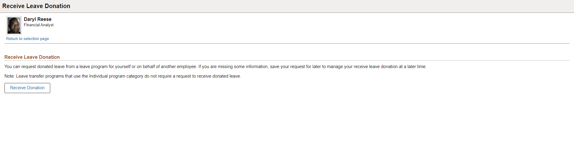 Receive Leave Donation page Receive Leave Donation page
