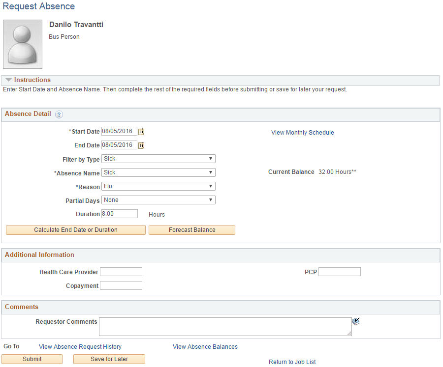 Request Absence page Request Absence page