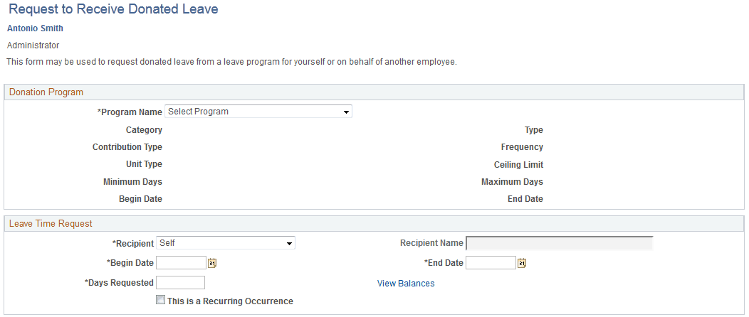 Request to Receive Donated Leave page (1 of 2)