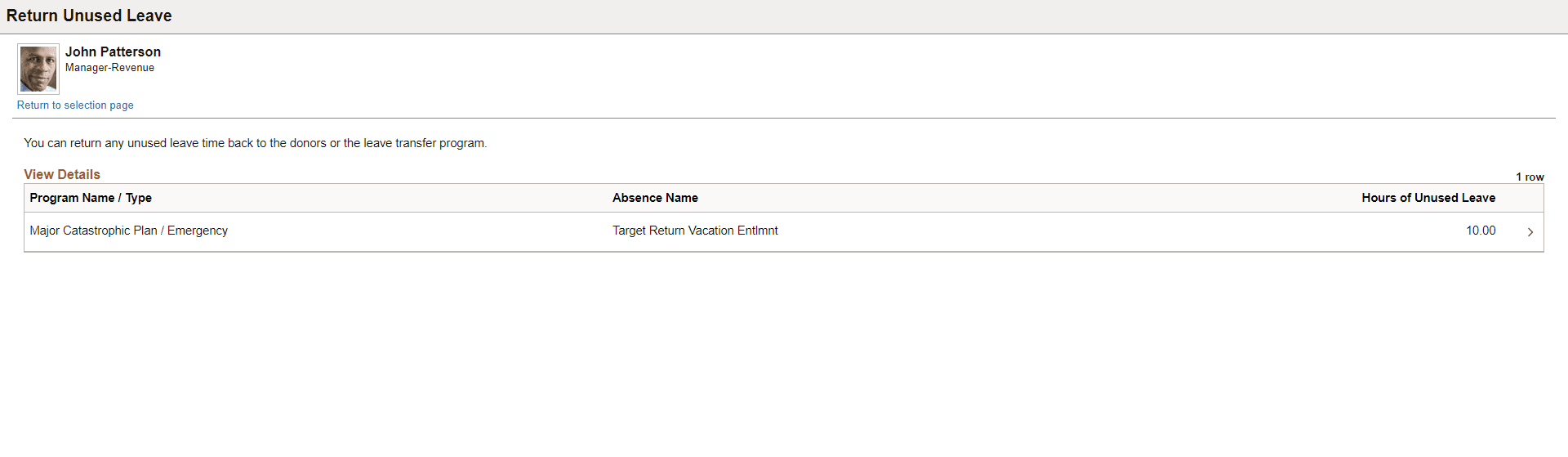 Return Unused Leave page showing a list of programs Return Unused Leave page showing a list of programs