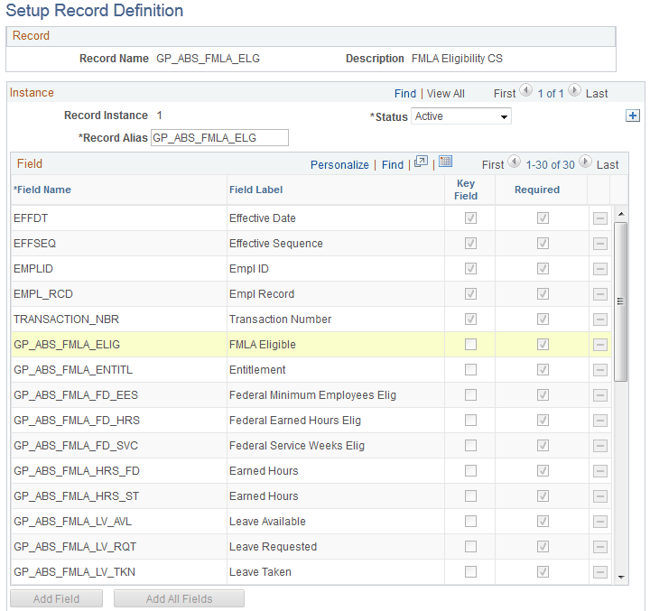 Setup Record Definition page Setup Record Definition page