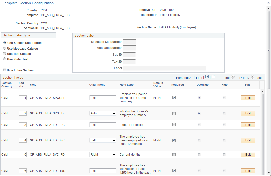 Template Section Configuration page (1 of 2) Template Section Configuration page (1 of 2)