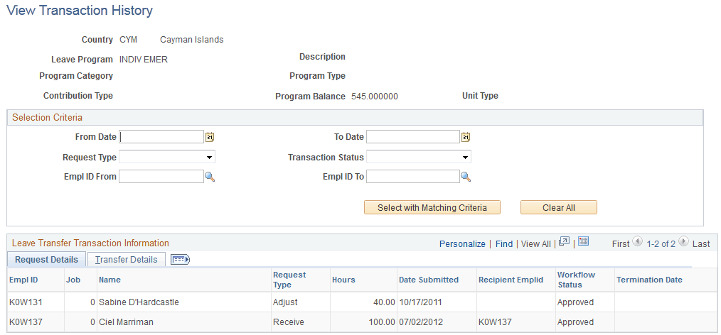 View Transaction History page View Transaction History page