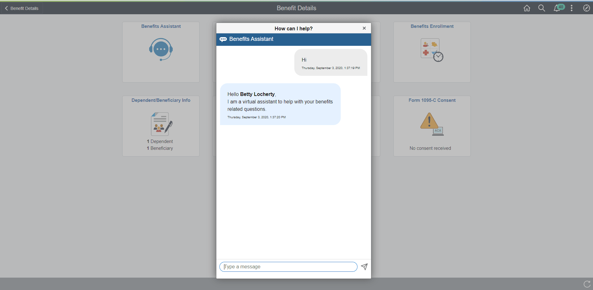Benefits Assistant chat window Benefits Assistant chat window