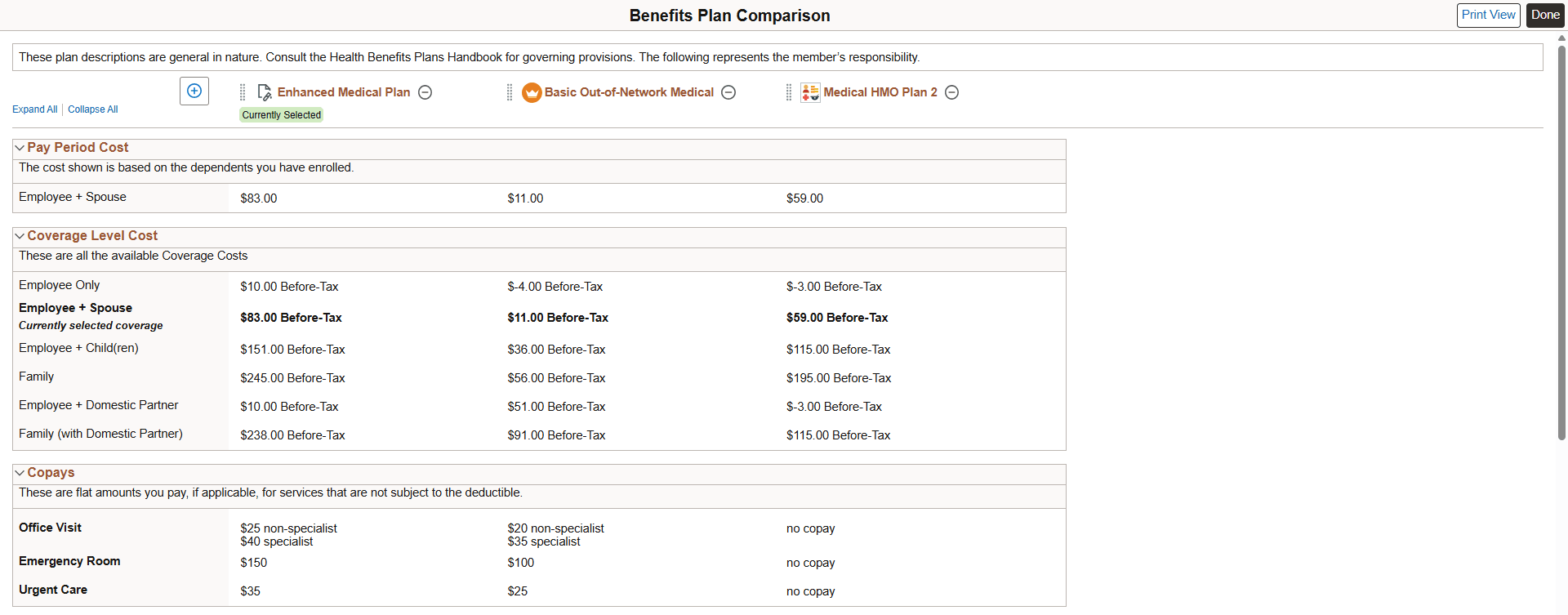 Benefits Plan Comparison page (Page 1 of 2)