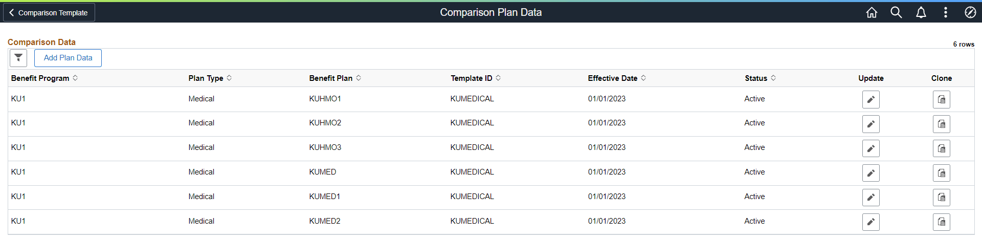 Comparison Plan Data Page