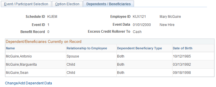 Dependents/Beneficiaries page Dependents/Beneficiaries page