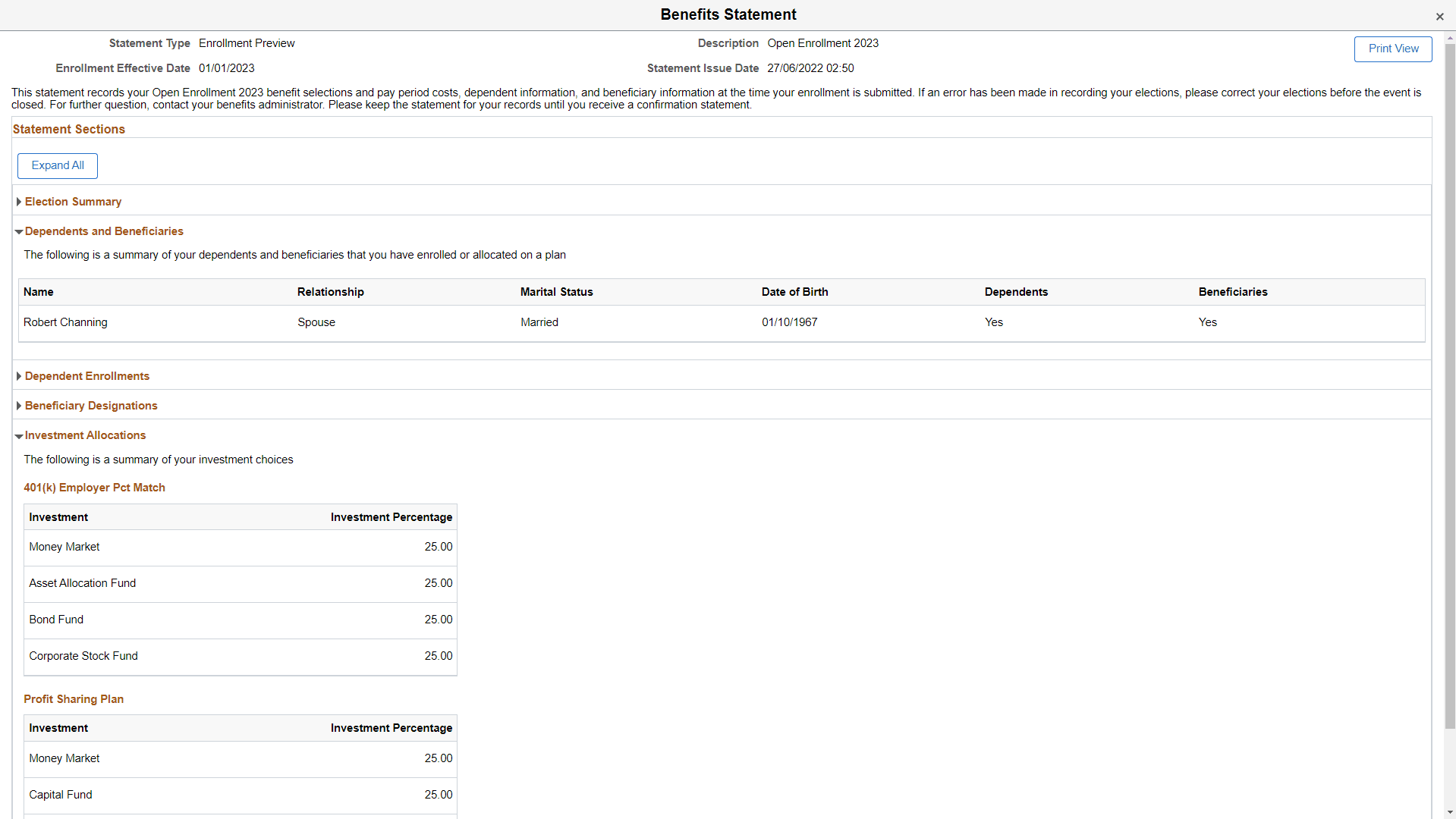 Enrollment Preview – Online statement