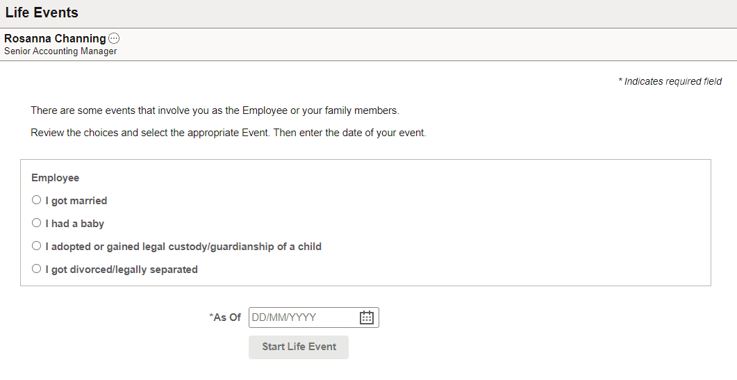 Life Events page