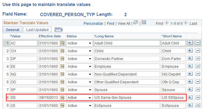 Maintain Translate Values page Maintain Translate Values page