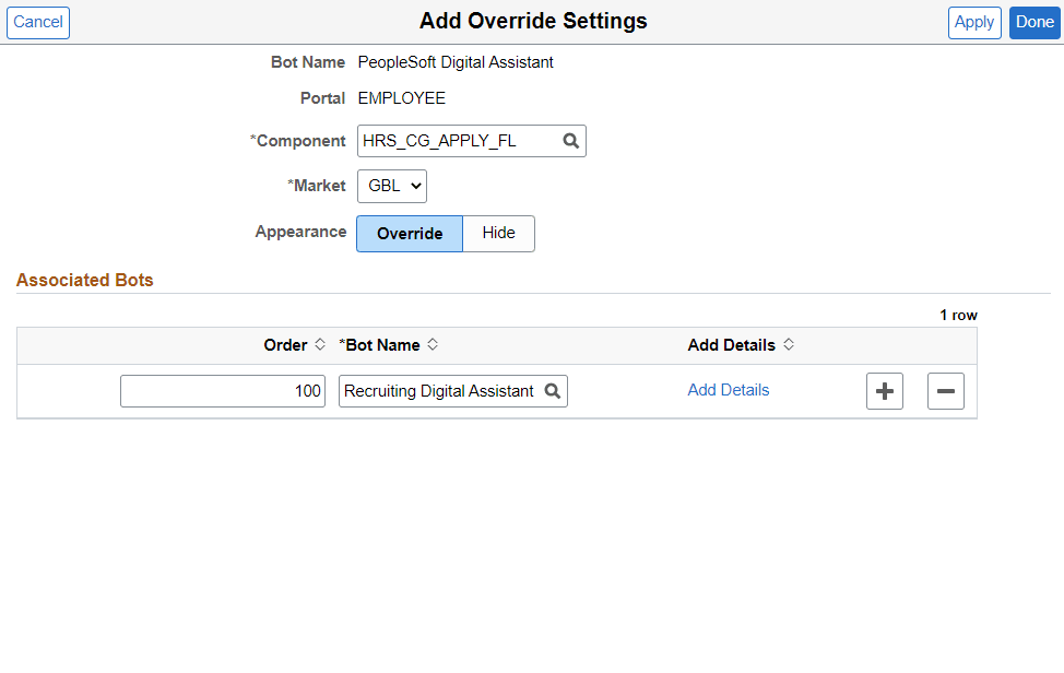 Add Override Settings - PeopleSoft Digital Assistant Add Override Settings - PeopleSoft Digital Assistant