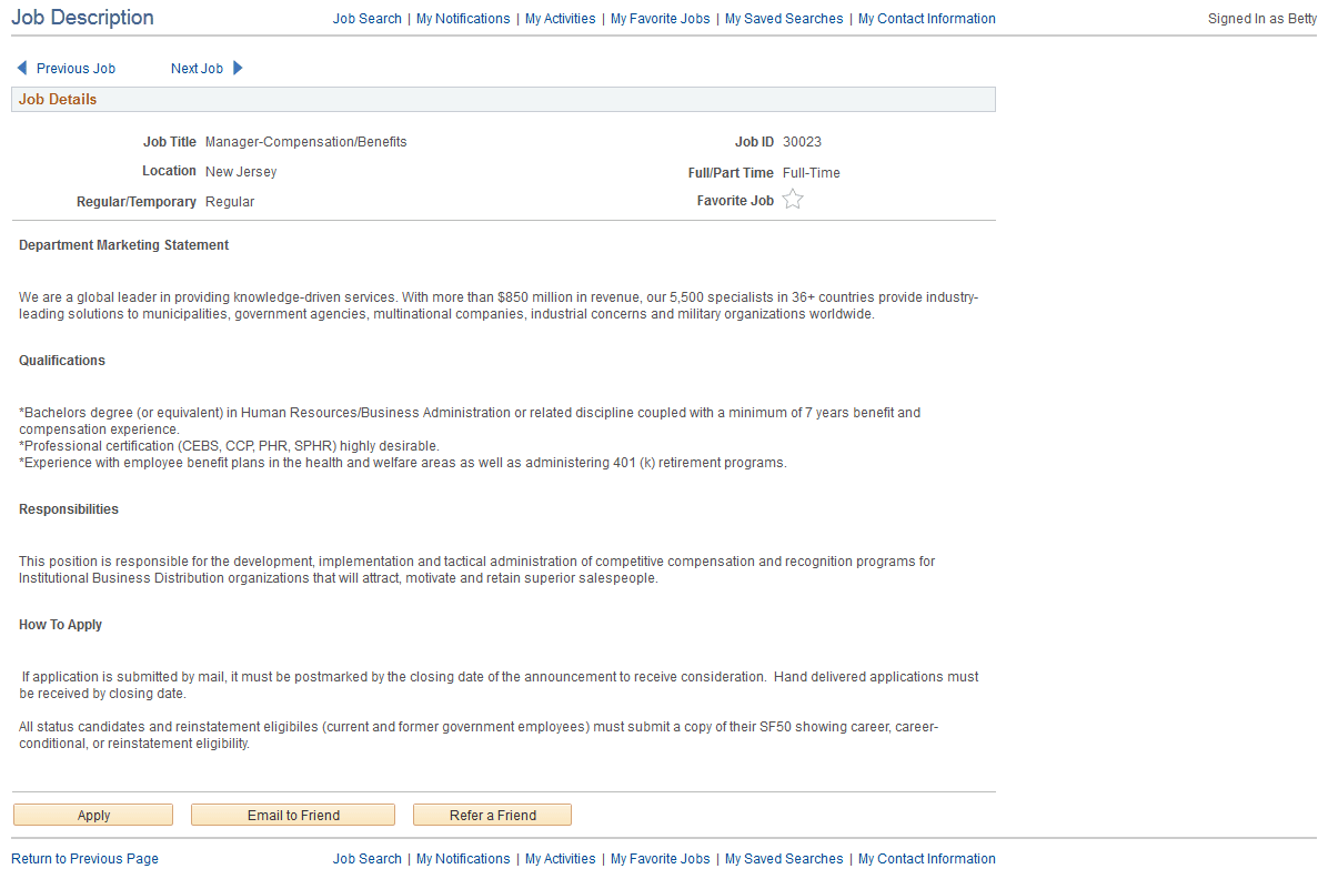 Job Description page Job Description page