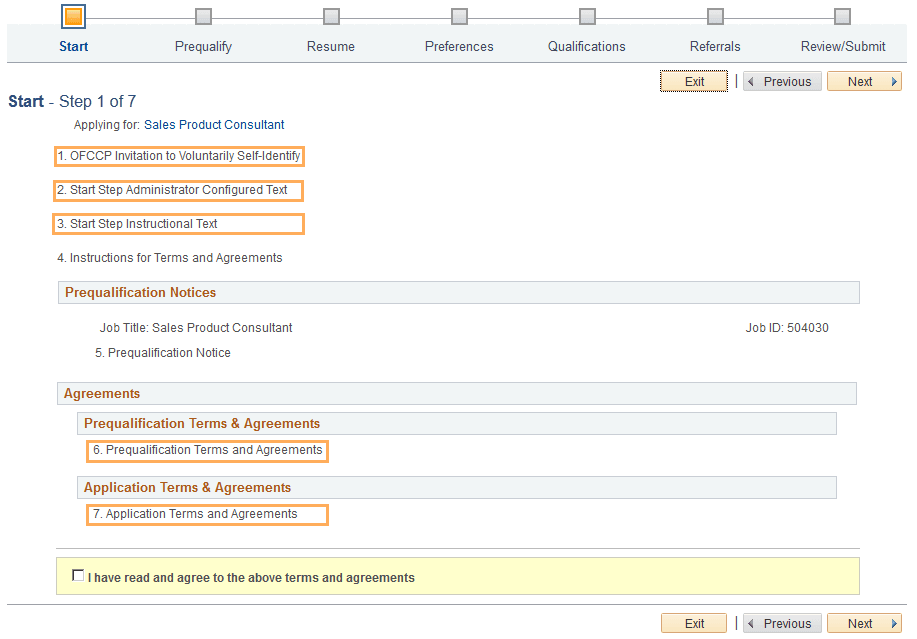 Site-controlled text elements on the job application Start step Site-controlled text elements on the job application Start step