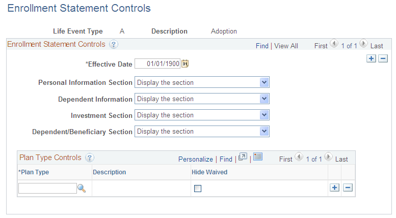 Enrollment Statement Controls page Enrollment Statement Controls page