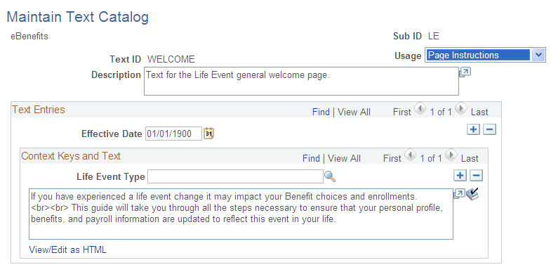 Maintain Text Catalog page Maintain Text Catalog page