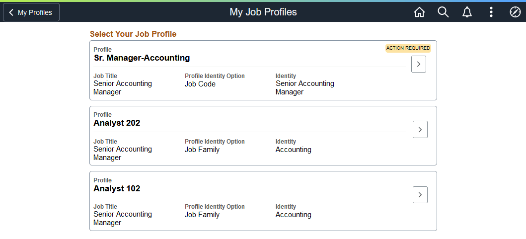 My Job Profiles page displaying action required notification to acknowledge a job profile