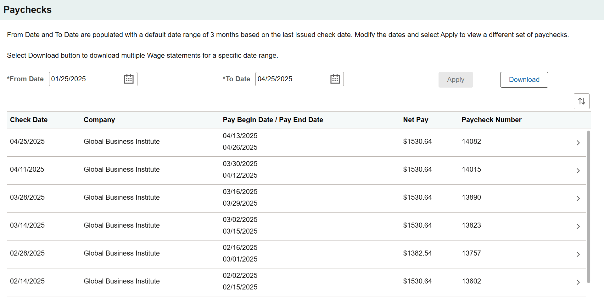 (Laptop) Paychecks page for U.S. users