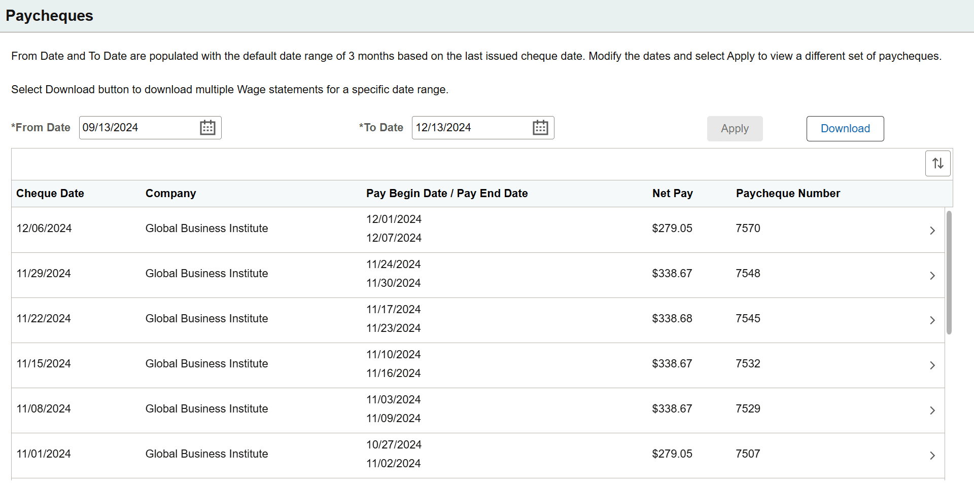 (Laptop) Paycheques page for Canadian users