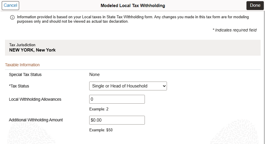 Modeled Local Tax Withholding page