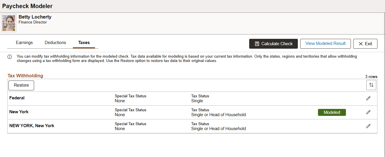 Paycheck Modeler - Taxes page