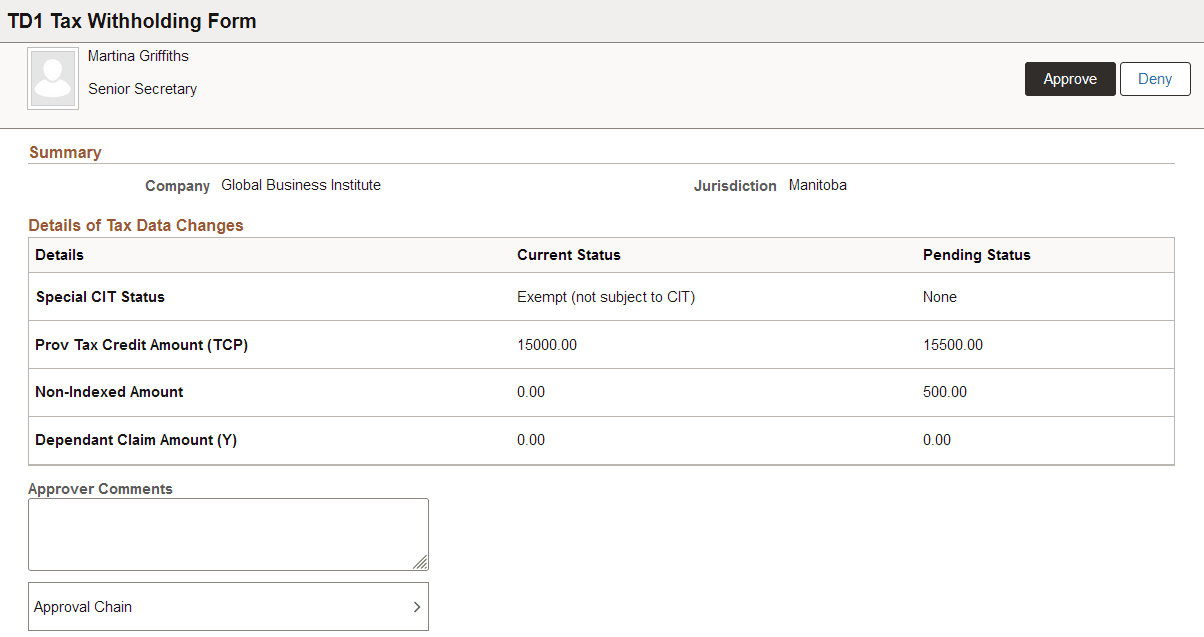 Pending Approvals - TD1 Tax Withholding Form page