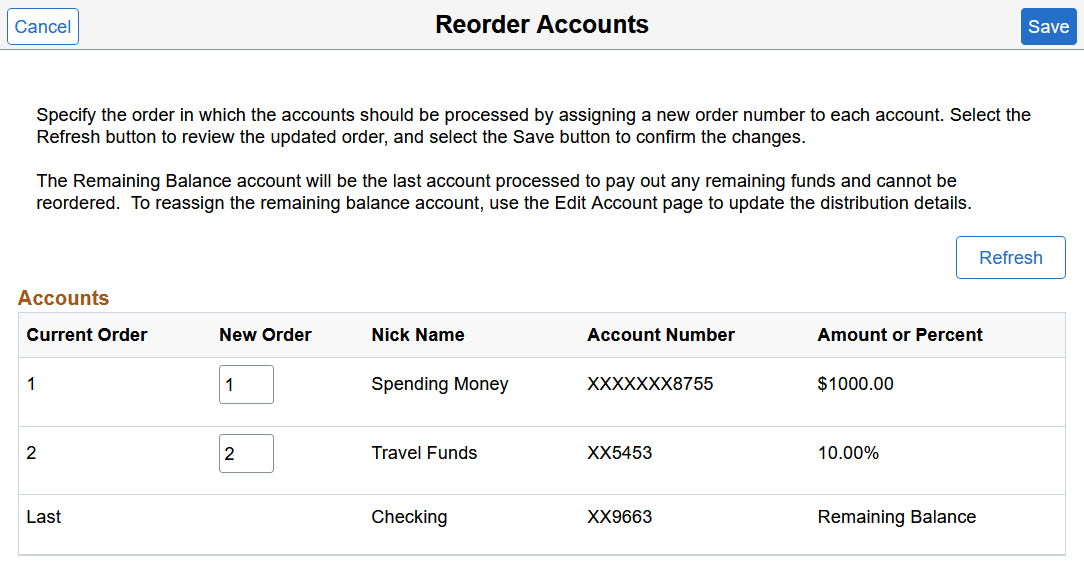Reorder Accounts page (screen reader mode)