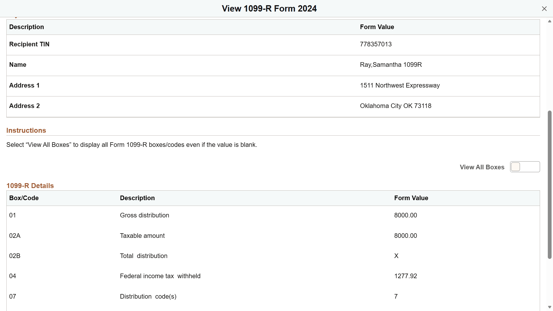 View 1099-R Form <Year> page in screen reader mode