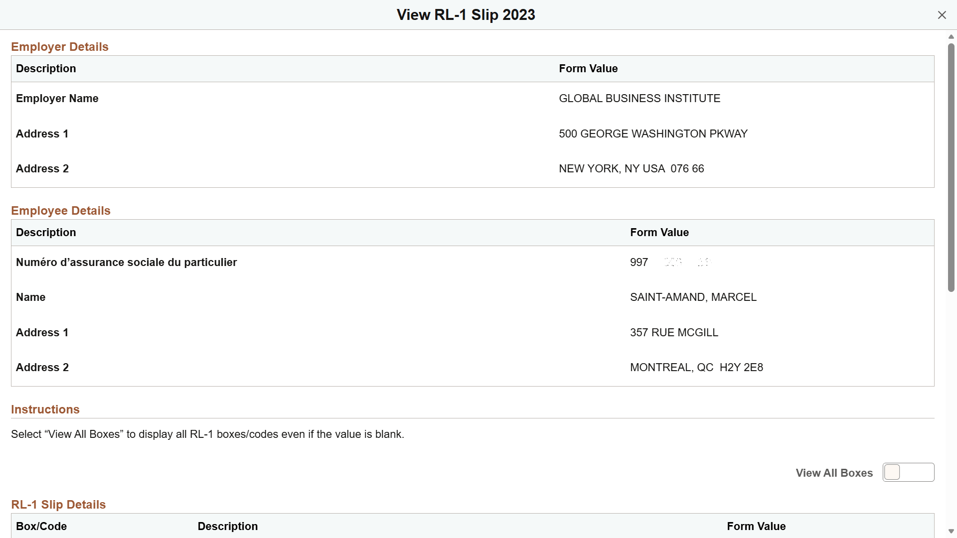 View RL-1 Slip <Year> page in screen reader mode