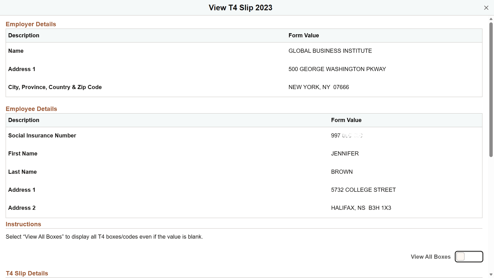 View T4 Slip <Year> page in screen reader mode