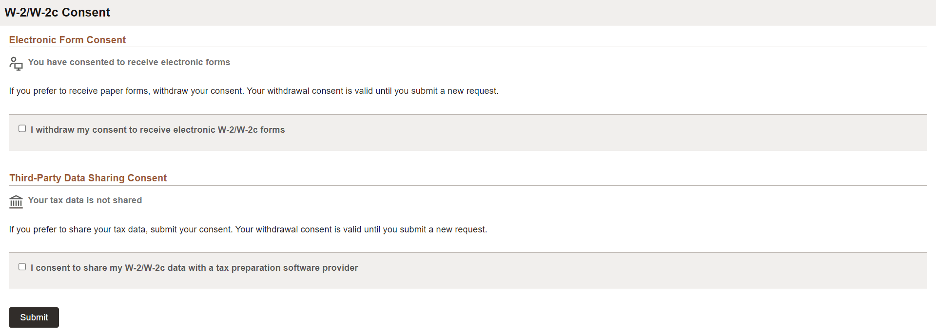 W-2/W-2c Consent page (currently receiving electronic form and not sharing tax data with tax preparation software provider)