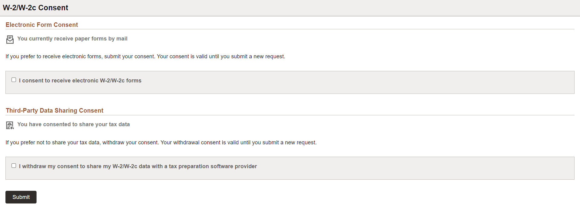 W-2/W-2c Consent page (currently receiving paper form and sharing tax data with tax preparation software provider)