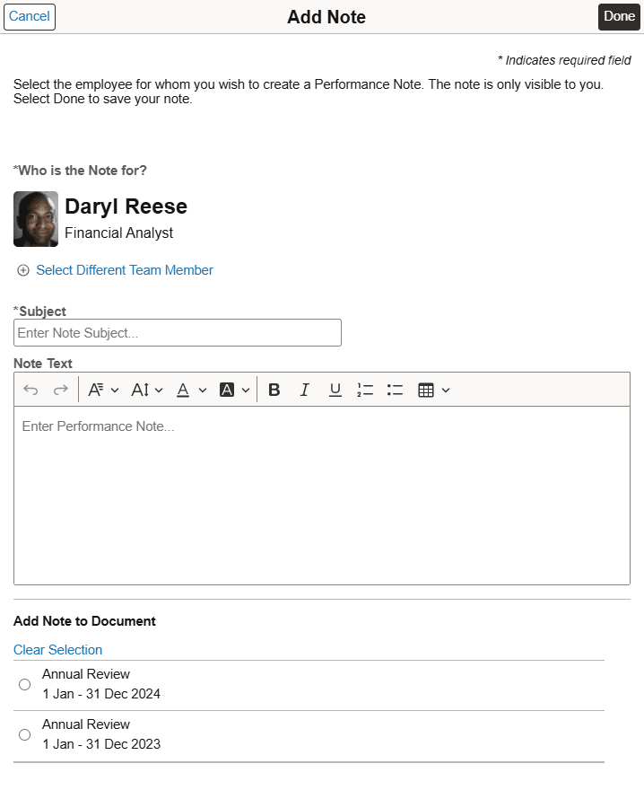 Add Note page