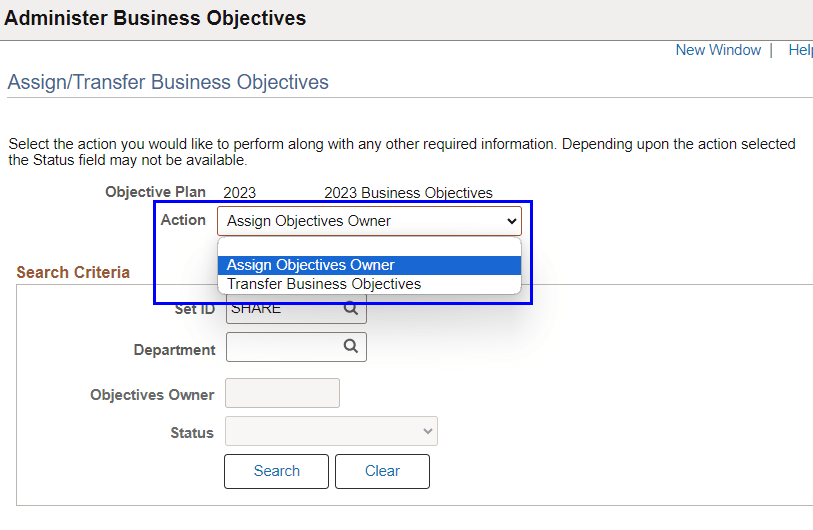 Assign/Transfer Business Objectives page Assign/Transfer Business Objectives page