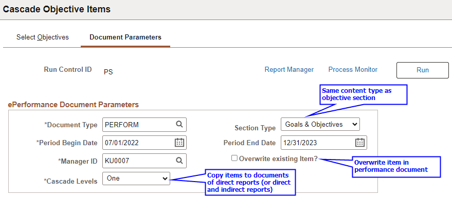 Cascade Objective Items - Document Parameters page for administrators Cascade Objective Items - Document Parameters page for administrators