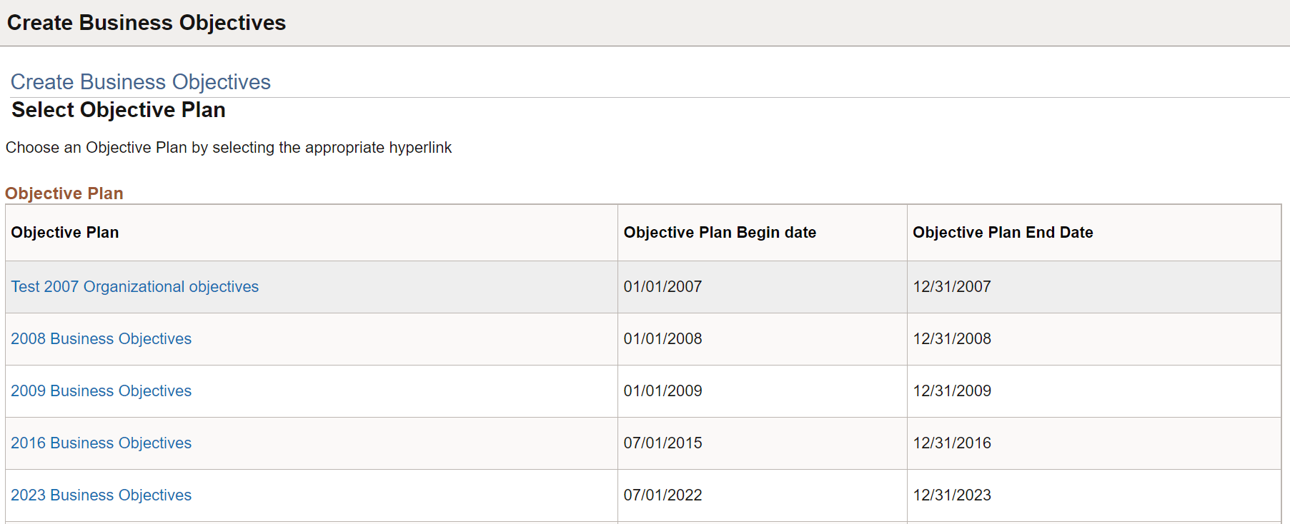 Create Business Objectives - Select Objective Plan page