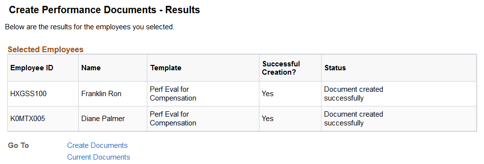 Create <document type> Documents - Results page