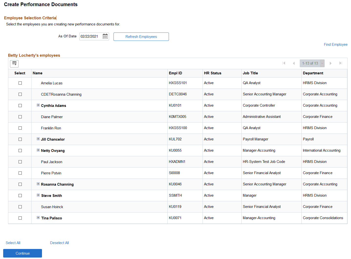 Create <Performance or Development> Documents - Employee Selection Criteria page