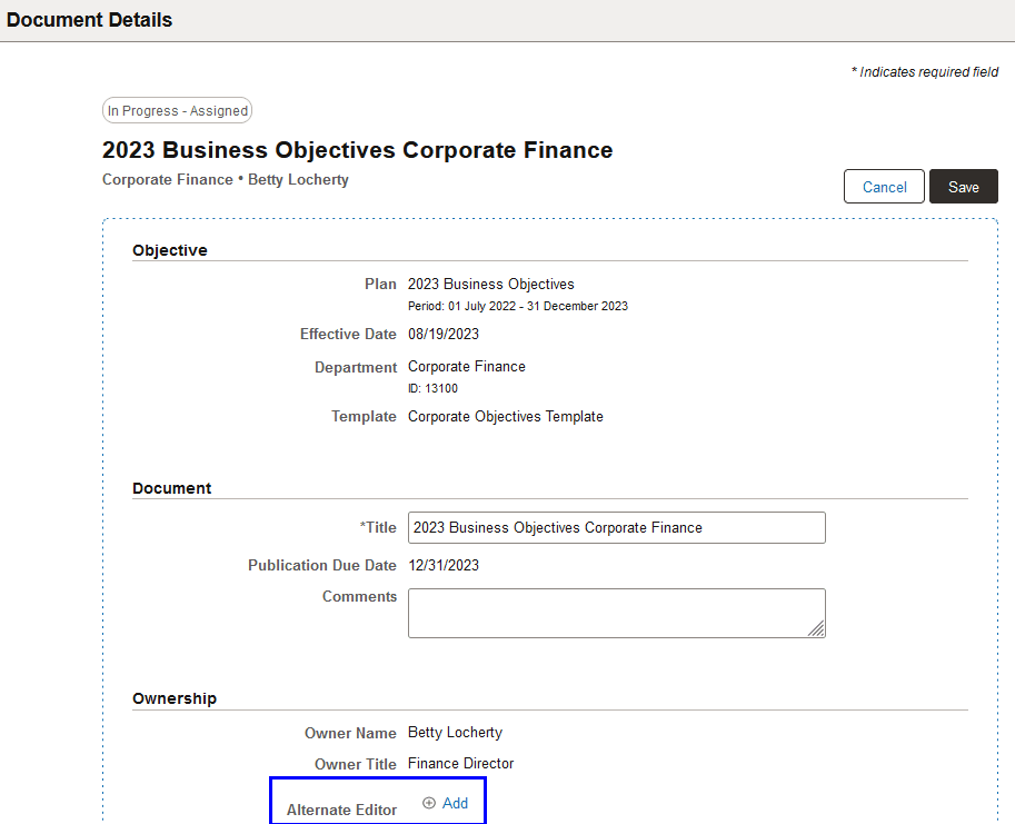 Document Details page for managers to review document ownership Document Details page for managers to review document ownership