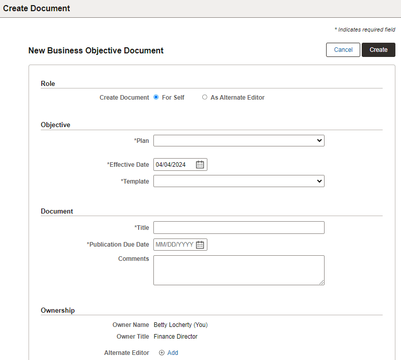 New Business Objective Document page for managers New Business Objective Document page for managers