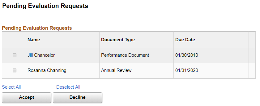 Pending Evaluation Requests page Pending Evaluation Requests page