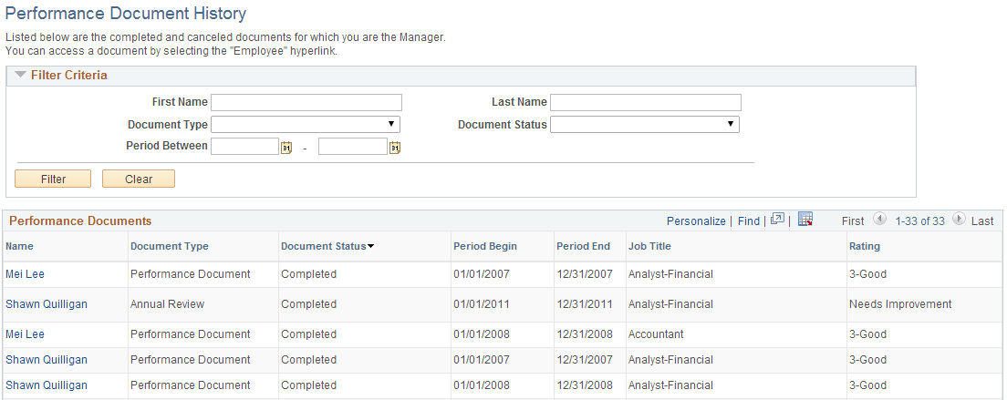 <Performance or Development> Document History page
