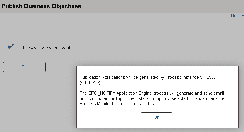 Publication confirmation as popup message Publication confirmation as popup message