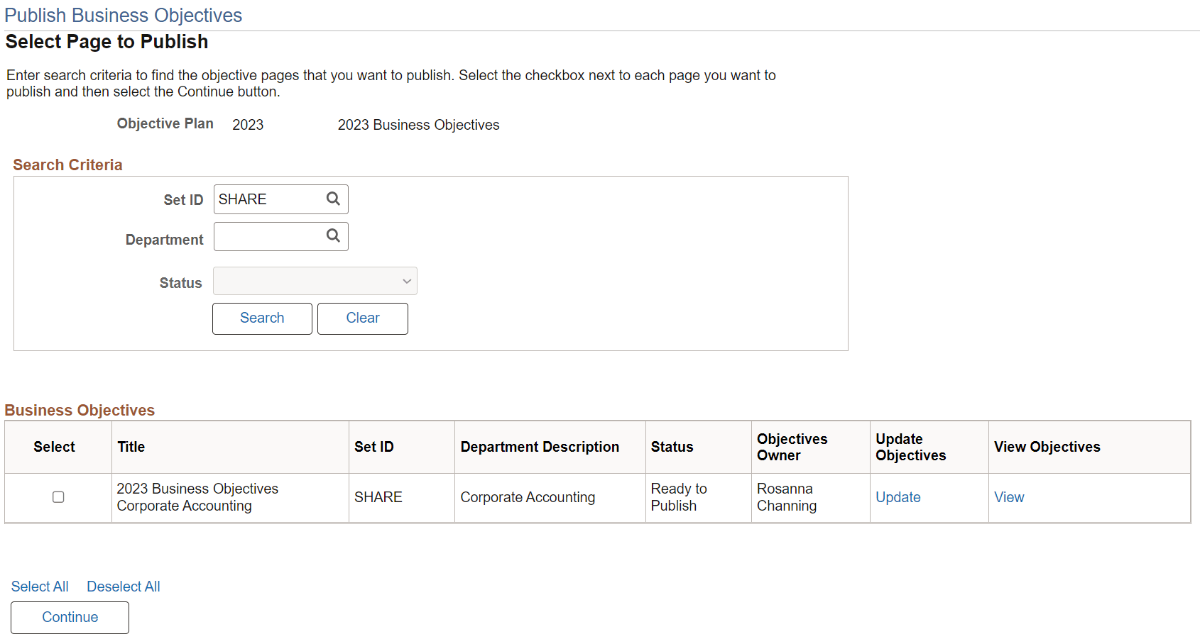Publish Business Objectives page Publish Business Objectives page