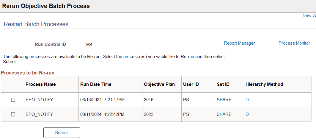 Restart Batch Processes page Restart Batch Processes page