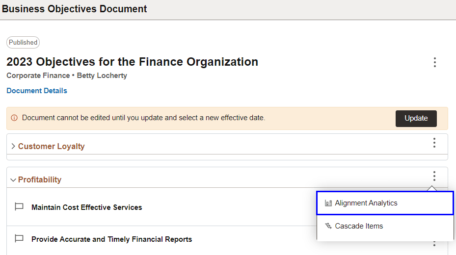 Review alignment analytics on the Business Objectives Document page by manager Review alignment analytics on the Business Objectives Document page by manager